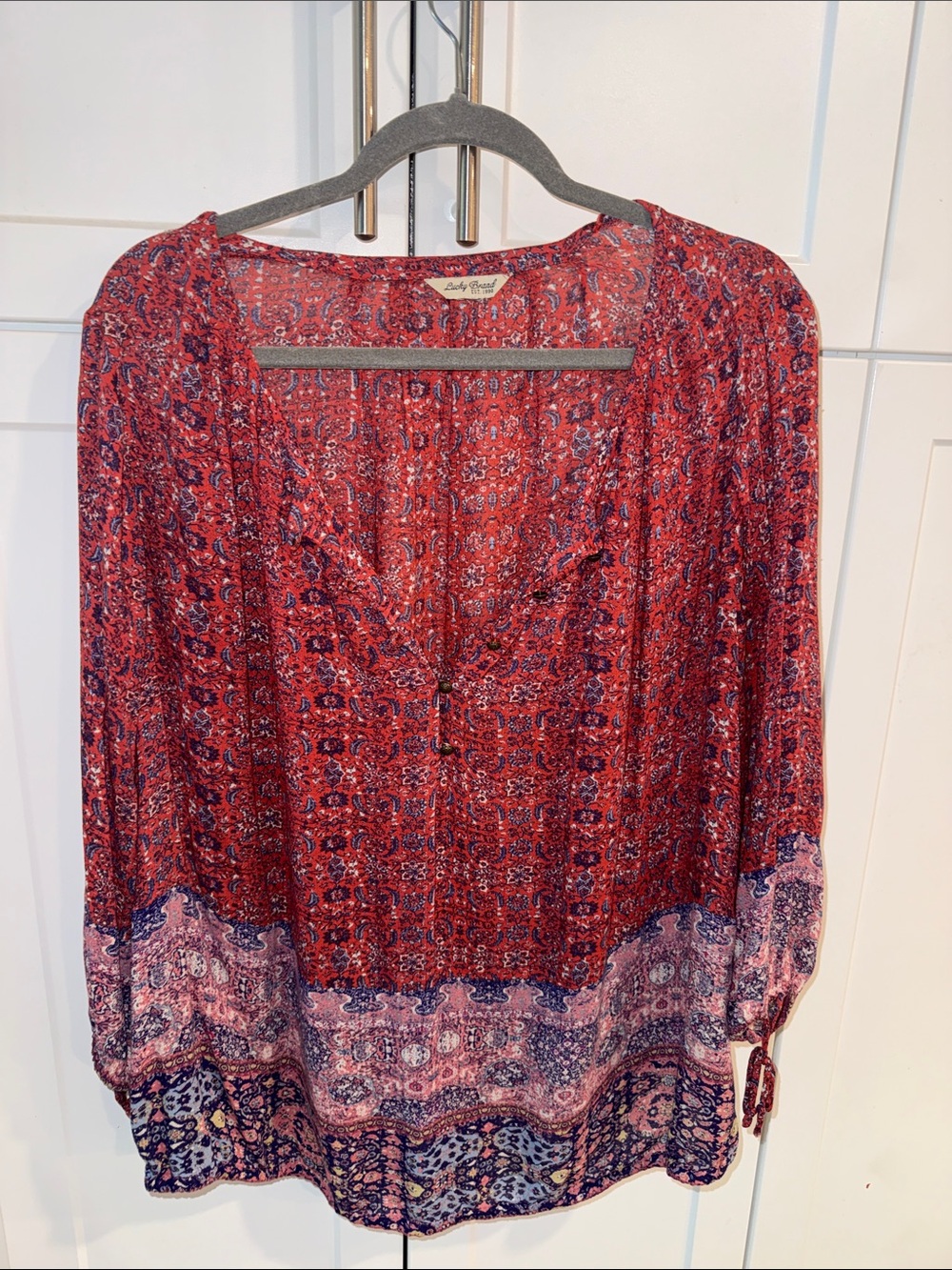 Lucky Brand Red Paisley Border-Trim Peasant Blouse